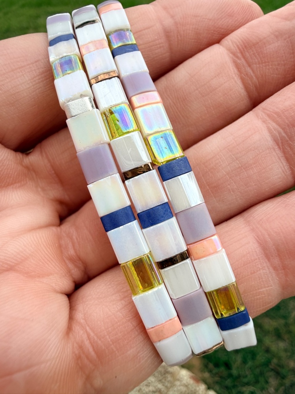 Iridescent Pastel Tile Stretch Bracelet - White, Lavender & Blue